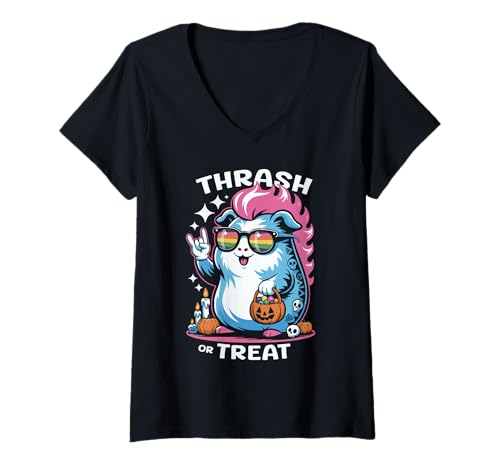 Damen Gruseliges Meerschweinchen Punk Rocker Thrash or Treat Halloween T-Shirt mit V-Ausschnitt Damen Gruseliges Meerschweinchen Punk Rocker Thrash or Treat Halloween T-Shirt mit V-Ausschnitt von Eerie Cavy Punk Rock Spook