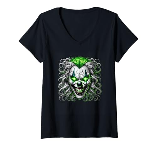 Damen Sinister Clown mit grün leuchtenden Augen Design T-Shirt mit V-Ausschnitt Damen Sinister Clown mit grün leuchtenden Augen Design T-Shirt mit V-Ausschnitt von Eerie Clown Halloween Creepy Vibrant Visual