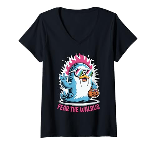 Damen Gruseliges Walross Punk Rocker Ghost Halloween T-Shirt mit V-Ausschnitt Damen Gruseliges Walross Punk Rocker Ghost Halloween T-Shirt mit V-Ausschnitt von Eerie Fear the Walrus Punk Rock Spook