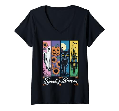 Damen Gruselige Jahreszeit Gruselige Katze Halloween T-Shirt mit V-Ausschnitt Damen Gruselige Jahreszeit Gruselige Katze Halloween T-Shirt mit V-Ausschnitt von Eerie Halloween Season for KIds