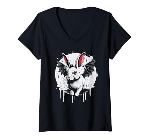 Damen Gruseliges Kaninchenfledermaus Halloween T-Shirt mit V-Ausschnitt Damen Gruseliges Kaninchenfledermaus Halloween T-Shirt mit V-Ausschnitt von Eerie Hare Spook for Kids