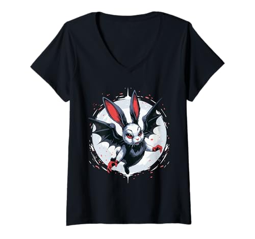 Damen Gruseliges Kaninchenfledermaus Halloween T-Shirt mit V-Ausschnitt Damen Gruseliges Kaninchenfledermaus Halloween T-Shirt mit V-Ausschnitt von Eerie Hare Spook for Kids