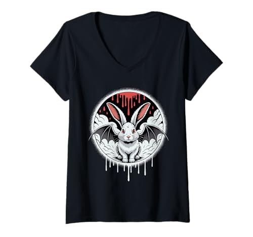 Damen Gruseliges Kaninchenfledermaus Halloween T-Shirt mit V-Ausschnitt Damen Gruseliges Kaninchenfledermaus Halloween T-Shirt mit V-Ausschnitt von Eerie Hare Spook for Kids