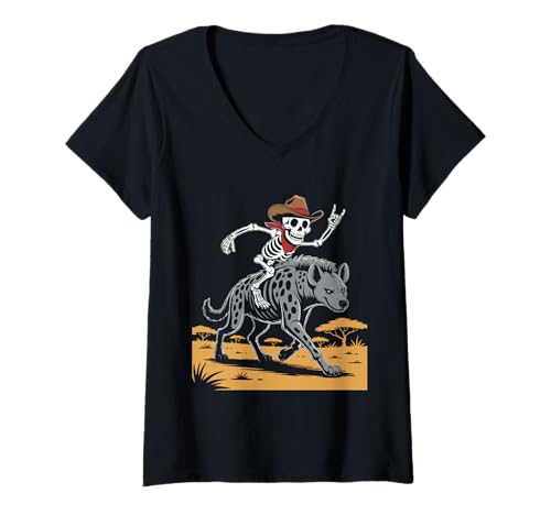 Damen Hyena Cowboy Skelett Halloween T-Shirt mit V-Ausschnitt Damen Hyena Cowboy Skelett Halloween T-Shirt mit V-Ausschnitt von Eerie Hyenas Spook for Kids
