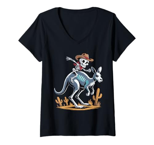 Damen Känguru Cowboy Skelett Australian Halloween T-Shirt mit V-Ausschnitt Damen Känguru Cowboy Skelett Australian Halloween T-Shirt mit V-Ausschnitt von Eerie Kangaroos for Aussie Kids