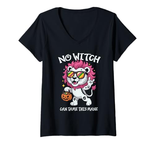 Damen Löwe Keine Hexe kann Diese Mähne zähmen gruseliges Halloween T-Shirt mit V-Ausschnitt Damen Löwe Keine Hexe kann Diese Mähne zähmen gruseliges Halloween T-Shirt mit V-Ausschnitt von Eerie Lion Spook