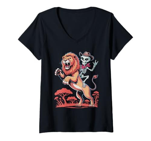 Damen Löwe Cowboy Skelett Halloween T-Shirt mit V-Ausschnitt Damen Löwe Cowboy Skelett Halloween T-Shirt mit V-Ausschnitt von Eerie Lions Spook for Kids