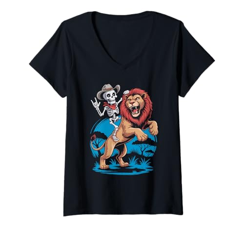 Damen Löwe Cowboy Skelett Halloween T-Shirt mit V-Ausschnitt Damen Löwe Cowboy Skelett Halloween T-Shirt mit V-Ausschnitt von Eerie Lions Spook for Kids
