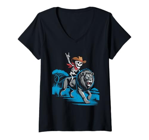 Damen Löwe Cowboy Skelett Halloween T-Shirt mit V-Ausschnitt Damen Löwe Cowboy Skelett Halloween T-Shirt mit V-Ausschnitt von Eerie Lions Spook for Kids