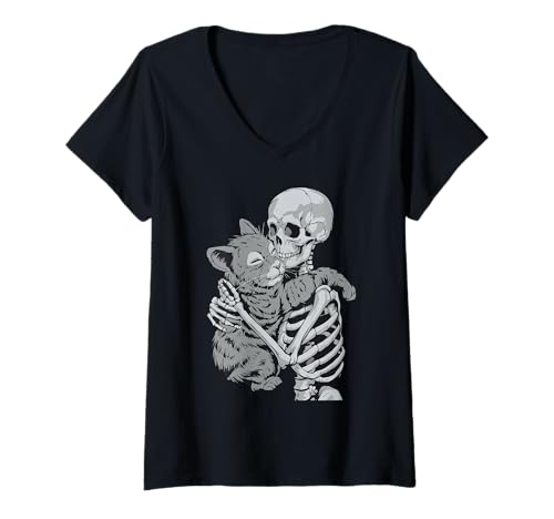 Damen Löwenjunges umarmendes Skelett Halloween T-Shirt mit V-Ausschnitt Damen Löwenjunges umarmendes Skelett Halloween T-Shirt mit V-Ausschnitt von Eerie Lions Spook