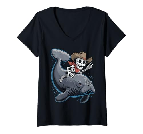 Damen Seekuh Cowboy Seekuh Skelett Halloween T-Shirt mit V-Ausschnitt Damen Seekuh Cowboy Seekuh Skelett Halloween T-Shirt mit V-Ausschnitt von Eerie Manatees Spooky for Kids and Manatee Fans
