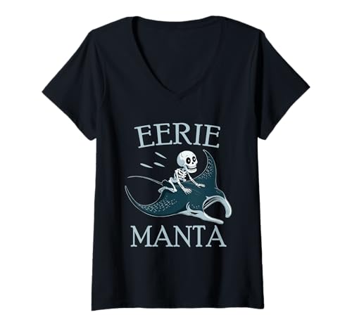 Damen Gruseliges Manta Ray Skelett Halloween T-Shirt mit V-Ausschnitt Damen Gruseliges Manta Ray Skelett Halloween T-Shirt mit V-Ausschnitt von Eerie Mantas Mobula Mantaray