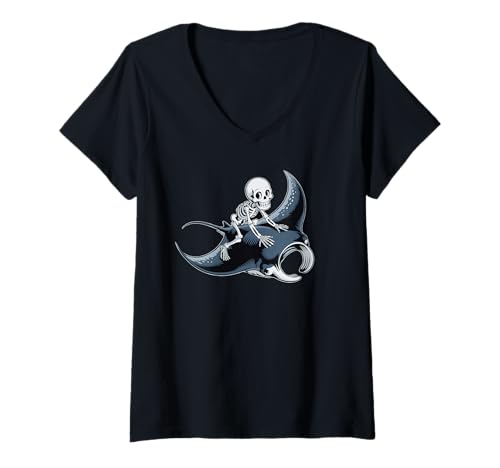 Damen Gruseliges Manta Ray Skelett Halloween T-Shirt mit V-Ausschnitt Damen Gruseliges Manta Ray Skelett Halloween T-Shirt mit V-Ausschnitt von Eerie Mantas Mobula Mantaray
