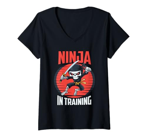 Damen Gruseliger Ninja im Training Skelett Halloween T-Shirt mit V-Ausschnitt von Eerie Ninja Spook