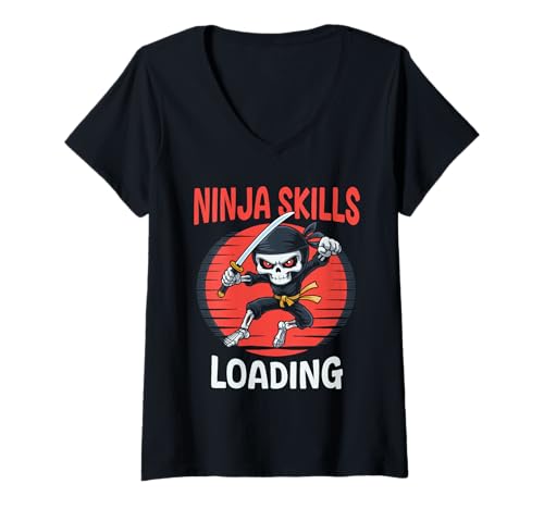 Damen Gruseliges Ninja Skelett Halloween T-Shirt mit V-Ausschnitt von Eerie Ninja Spook