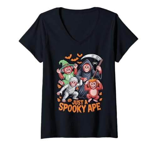 Damen Gruseliger Orang-Utan-AFFE Halloween T-Shirt mit V-Ausschnitt von Eerie Orangutans Spook