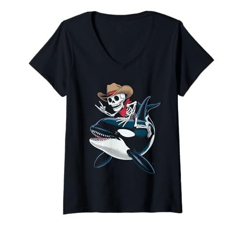 Damen Orca Wal Cowboy Skelett Halloween T-Shirt mit V-Ausschnitt von Eerie Orcas Spook for Kids and Whale Fans Orcinus