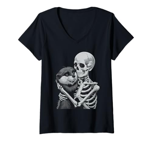 Damen Otter umarmendes Skelett Halloween T-Shirt mit V-Ausschnitt von Eerie Otter Spook