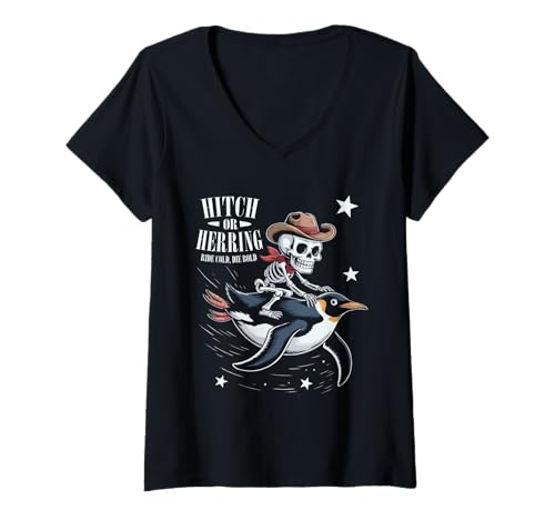 Damen Gruseliger Pinguin Cowboy Skelett Halloween T-Shirt mit V-Ausschnitt Damen Gruseliger Pinguin Cowboy Skelett Halloween T-Shirt mit V-Ausschnitt von Eerie Penguins Spook