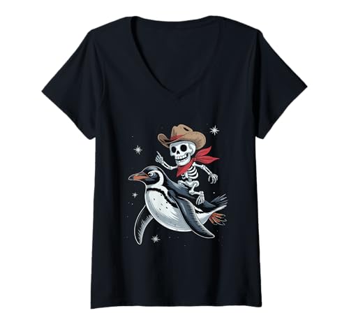 Damen Gruseliger Pinguin Cowboy Skelett Halloween T-Shirt mit V-Ausschnitt Damen Gruseliger Pinguin Cowboy Skelett Halloween T-Shirt mit V-Ausschnitt von Eerie Penguins Spook