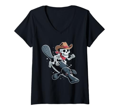 Damen Schnabeltier Cowboy Skelett Halloween T-Shirt mit V-Ausschnitt von Eerie Platypuses Spook for Kids Ornithorhynchus