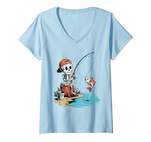 Damen Angelskelett Halloween T-Shirt mit V-Ausschnitt Damen Angelskelett Halloween T-Shirt mit V-Ausschnitt von Eerie Pond Fishing Spook for Kids