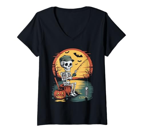 Damen Angelskelett Halloween T-Shirt mit V-Ausschnitt Damen Angelskelett Halloween T-Shirt mit V-Ausschnitt von Eerie Pond Fishing Spook for Kids