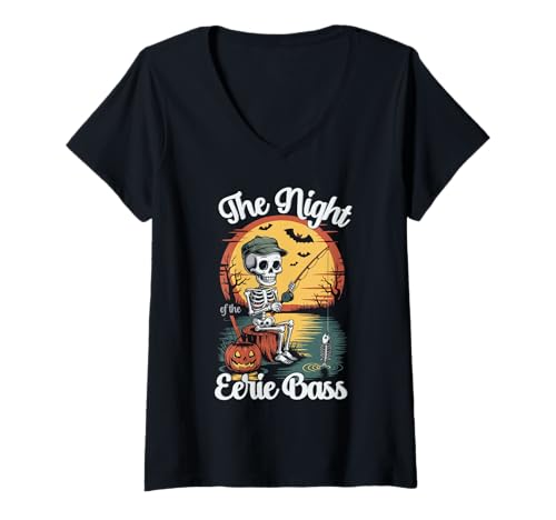 Damen Barsch Angeln Skelett Angeln Halloween T-Shirt mit V-Ausschnitt Damen Barsch Angeln Skelett Angeln Halloween T-Shirt mit V-Ausschnitt von Eerie Pond Fishing Spook for Kids
