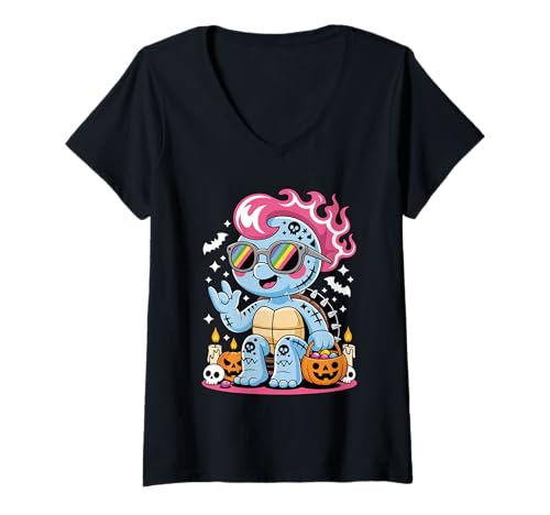 Damen Punk Rocker Schildkröte Halloween T-Shirt mit V-Ausschnitt Damen Punk Rocker Schildkröte Halloween T-Shirt mit V-Ausschnitt von Eerie Punk Rock Spook Tortoise