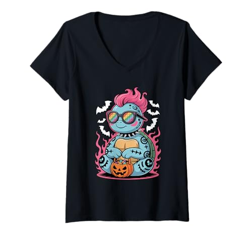 Damen Punk Rocker Schildkröte Halloween T-Shirt mit V-Ausschnitt Damen Punk Rocker Schildkröte Halloween T-Shirt mit V-Ausschnitt von Eerie Punk Rock Spook Tortoise