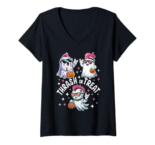 Damen Gruseliger Punk Rocker Ghost Thrash or Treat Halloween T-Shirt mit V-Ausschnitt Damen Gruseliger Punk Rocker Ghost Thrash or Treat Halloween T-Shirt mit V-Ausschnitt von Eerie Punk Rock Spook