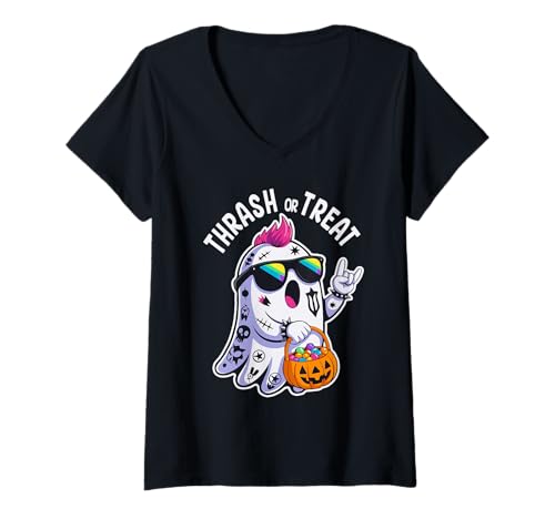 Damen Gruseliger Punk Rocker Ghost Thrash or Treat Halloween T-Shirt mit V-Ausschnitt Damen Gruseliger Punk Rocker Ghost Thrash or Treat Halloween T-Shirt mit V-Ausschnitt von Eerie Punk Rock Spook