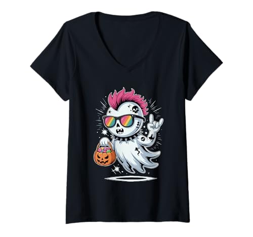 Damen Gruseliger Punkrocker Geist Halloween T-Shirt mit V-Ausschnitt Damen Gruseliger Punkrocker Geist Halloween T-Shirt mit V-Ausschnitt von Eerie Punk Rock Spook