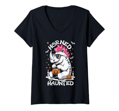 Damen Gruseliges Nashorn Punk Rocker Halloween T-Shirt mit V-Ausschnitt Damen Gruseliges Nashorn Punk Rocker Halloween T-Shirt mit V-Ausschnitt von Eerie Rhinoceros Punk Rock Spook Horned Haunted