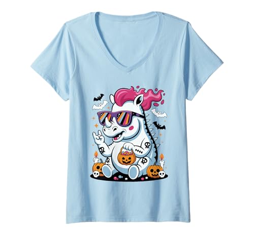 Damen Gruseliges Nashorn Punk Rocker Halloween T-Shirt mit V-Ausschnitt Damen Gruseliges Nashorn Punk Rocker Halloween T-Shirt mit V-Ausschnitt von Eerie Rhinoceros Punk Rock Spook