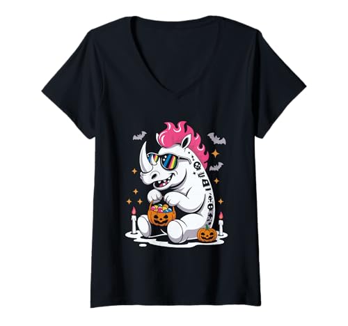Damen Gruseliges Nashorn Punk Rocker Halloween T-Shirt mit V-Ausschnitt Damen Gruseliges Nashorn Punk Rocker Halloween T-Shirt mit V-Ausschnitt von Eerie Rhinoceros Punk Rock Spook
