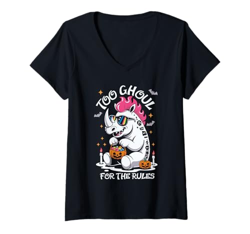 Damen Gruseliges Rhino Punk Rocker Too Ghoul for The Rules Halloween T-Shirt mit V-Ausschnitt Damen Gruseliges Rhino Punk Rocker Too Ghoul for The Rules Halloween T-Shirt mit V-Ausschnitt von Eerie Rhinoceros Punk Rock Spook