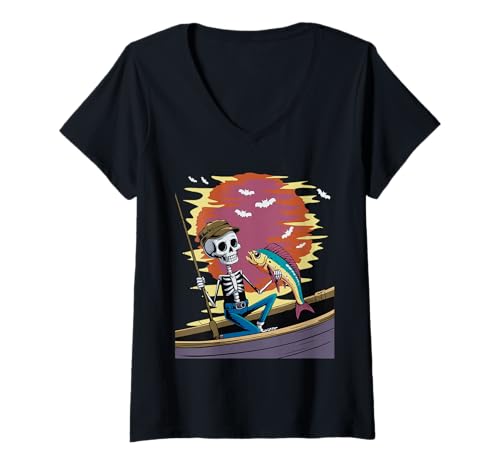 Damen Mahimahi Angelskelett Angeln Delphinfish Halloween T-Shirt mit V-Ausschnitt Damen Mahimahi Angelskelett Angeln Delphinfish Halloween T-Shirt mit V-Ausschnitt von Eerie Sea Fishing Spook for Kids Doradofish