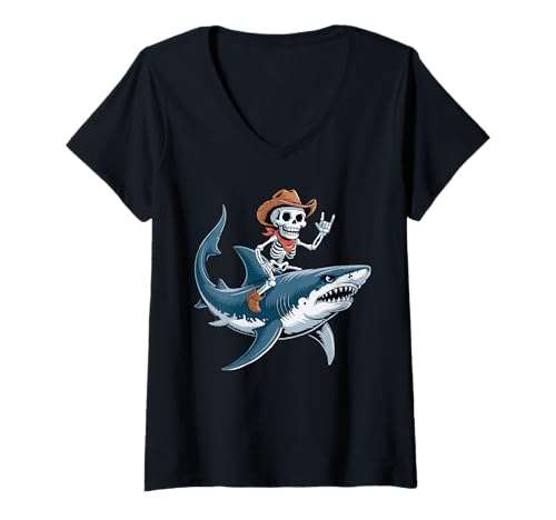 Damen Hai Cowboy Skelett Halloween T-Shirt mit V-Ausschnitt von Eerie Sharks Spook for Kids
