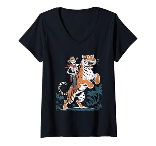 Damen Tiger Cowboy Skelett Halloween T-Shirt mit V-Ausschnitt Damen Tiger Cowboy Skelett Halloween T-Shirt mit V-Ausschnitt von Eerie Tiger Spook