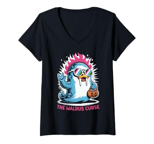 Damen Gruseliges Walross Punk Rocker Ghost Halloween T-Shirt mit V-Ausschnitt Damen Gruseliges Walross Punk Rocker Ghost Halloween T-Shirt mit V-Ausschnitt von Eerie Walrus Curse Punk Rock Spook