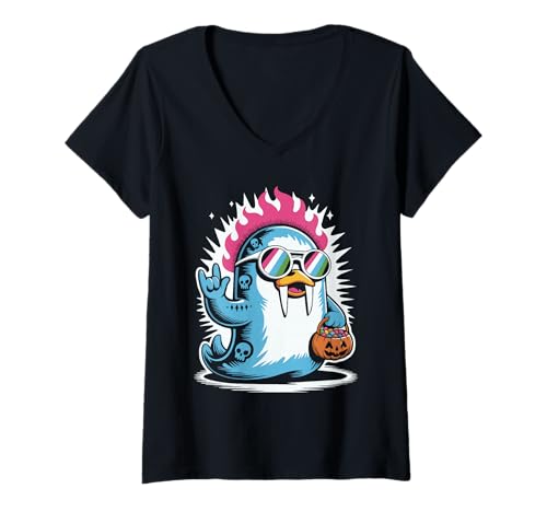 Damen Gruseliges Walross Punk Rocker Ghost Halloween T-Shirt mit V-Ausschnitt Damen Gruseliges Walross Punk Rocker Ghost Halloween T-Shirt mit V-Ausschnitt von Eerie Walrus Punk Rock Spook