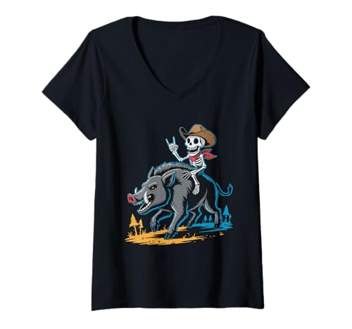 Damen Wildschwein Cowboy Wildschwein Skelett Halloween T-Shirt mit V-Ausschnitt Damen Wildschwein Cowboy Wildschwein Skelett Halloween T-Shirt mit V-Ausschnitt von Eerie Wild Swine Spooky for Kids