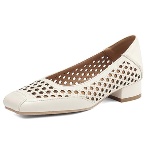 Eestfy Ballettschuhe Damen Lochung Leder Quadratische Spitze Niedriger Blockabsatz Für Arbeit Hochzeit Tägliches Gehen,Beige,39 EU von Eestfy