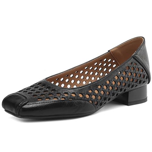 Eestfy Ballettschuhe Damen Lochung Leder Quadratische Spitze Niedriger Blockabsatz Für Arbeit Hochzeit Tägliches Gehen,Schwarz,37 EU von Eestfy