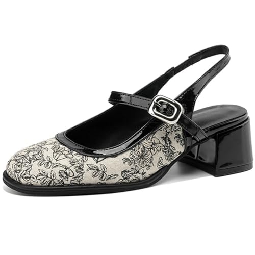 Eestfy Blumen-Damen Mary Jane Riemchenschuhe - Blockabsatz, Glattleder-Akzente, Schwarz & Beige,Beige,38 EU von Eestfy