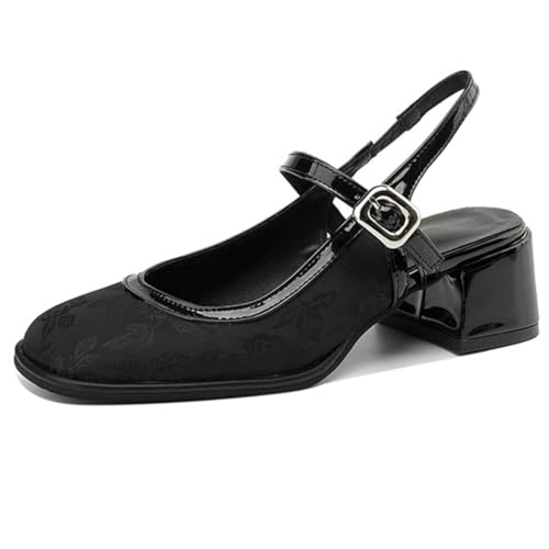Eestfy Blumen-Damen Mary Jane Riemchenschuhe - Blockabsatz, Glattleder-Akzente, Schwarz & Beige,Schwarz,41 EU von Eestfy