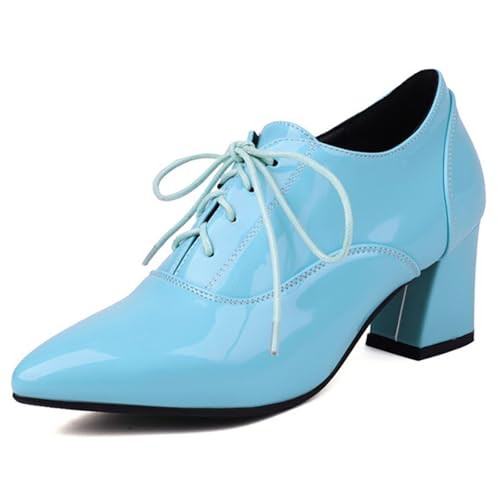 Eestfy Brogues Damen mit Schnürung Mittlerer Blockabsatz Pumps Vintage PU Leder Oxfords Abendschuhe für Frühling und Herbst Geschäft und Täglich Tragen,Blau,35 EU von Eestfy