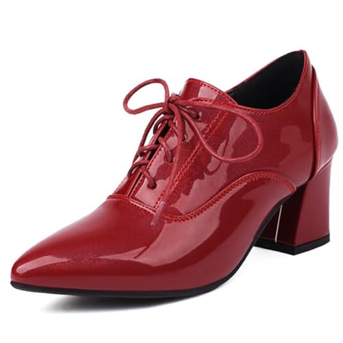 Eestfy Brogues Damen mit Schnürung Mittlerer Blockabsatz Pumps Vintage PU Leder Oxfords Abendschuhe für Frühling und Herbst Geschäft und Täglich Tragen,Burgundy,39 EU von Eestfy