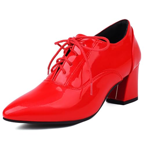 Eestfy Brogues Damen mit Schnürung Mittlerer Blockabsatz Pumps Vintage PU Leder Oxfords Abendschuhe für Frühling und Herbst Geschäft und Täglich Tragen,Rot,35 EU von Eestfy